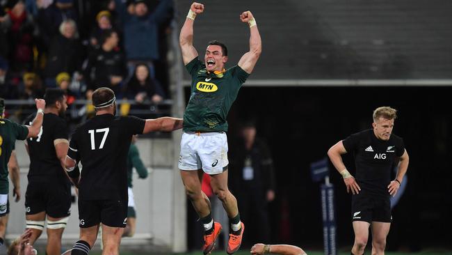 South Africa’s Jesse Kriel jumps for joy after the epic victory in Wellington.