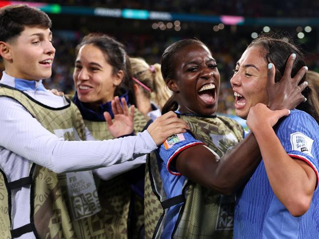 France players celebrate after the team's 2-1 victory against the football giants of Brazil in Brisbane. Picture: Elsa/Getty Images