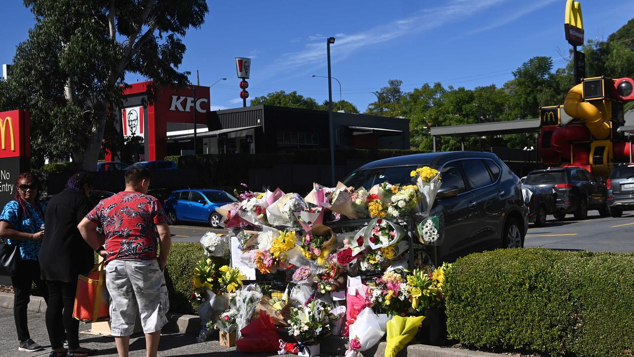 Floral tributes outside the McDonald’s where Mr Tougher was killed. Picture: NewsWire/Jeremy Piper.