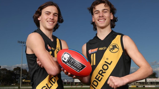 Glenelg twins Ben and Lucas Camporeale. Picture: Cory Sutton/SANFL