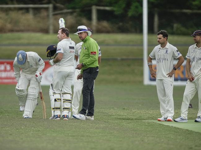 Langwarrin’s Robbie Lancaster tweaked a calf. Picture: Valeriu Campan