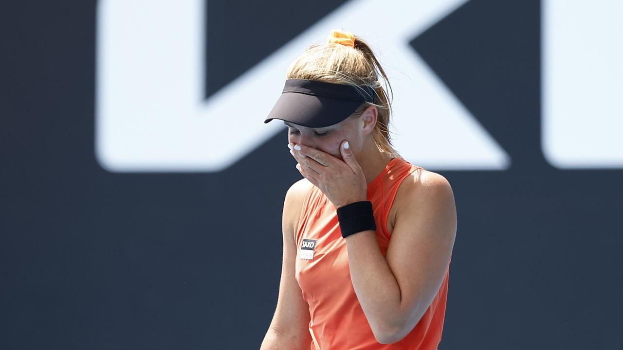 MELBOURNE, AUSTRALIA - JANUARY 18: Maddison Inglis of Australia reacts after winning her first round singles match against Leylah Fernandez of Canada during day two of the 2022 Australian Open at Melbourne Park on January 18, 2022 in Melbourne, Australia. (Photo by Daniel Pockett/Getty Images)