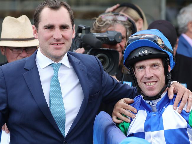 BALLARAT, AUSTRALIA - NOVEMBER 23: Trainer Archie Alexander with jockey John Allen after riding Kiwia to win Race 8, Sportsbet Ballarat Cup during Melbourne Racing at Ballarat Turf Club on November 23, 2019 in Ballarat, Australia. (Photo by George Salpigtidis/Getty Images)