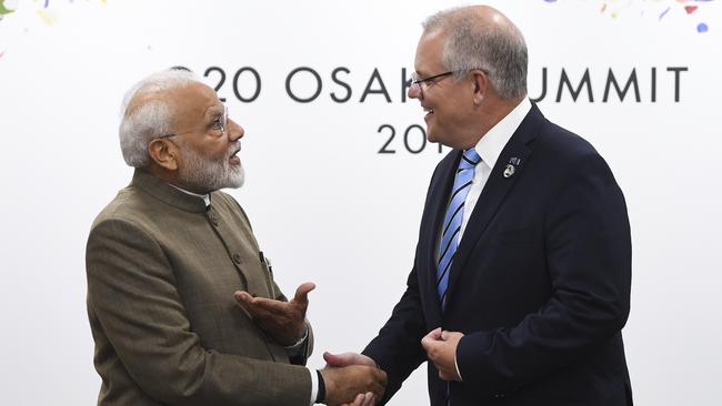 Scott Morrison shakes hands with Indian Prime Minister Narendra Modi at the G20 summit in Osaka, Japan in June last year. Picture: AAP