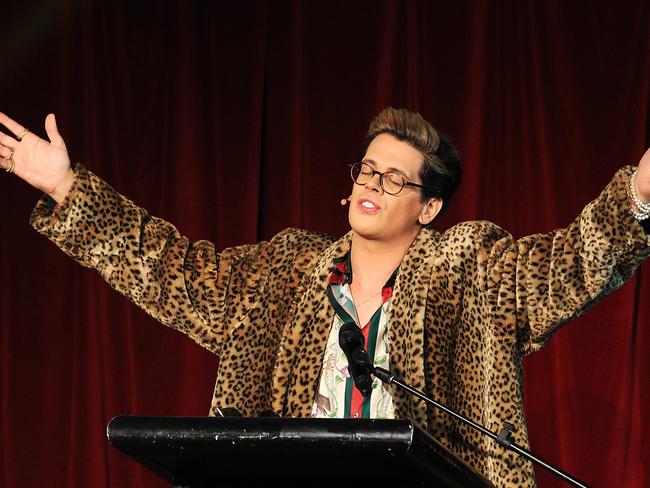Milo Yiannopoulos on stage at Le Montage in Lilyfield, Sydney.
