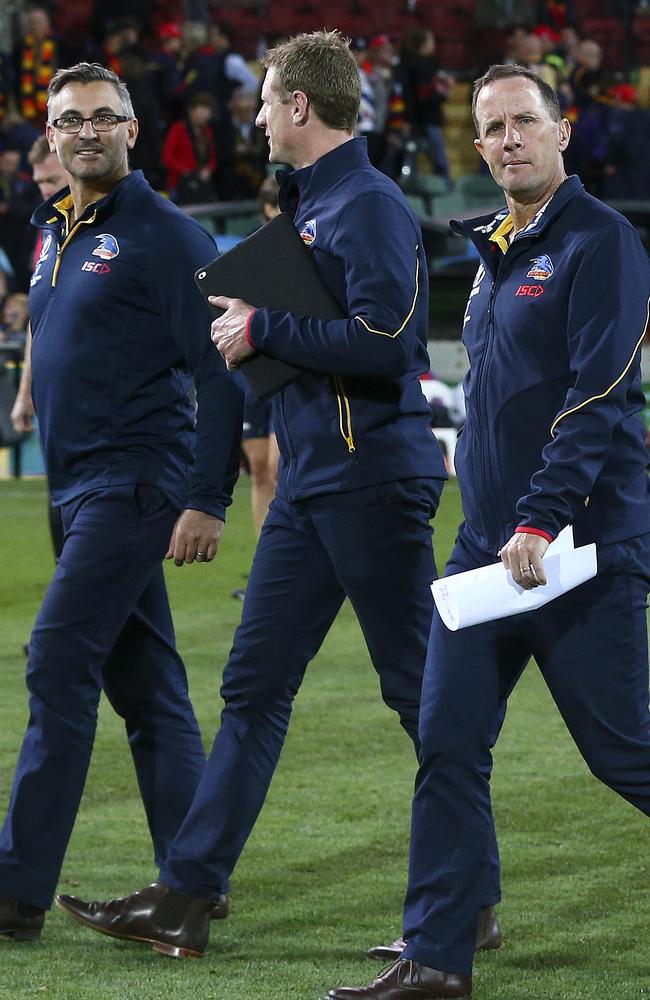 Adelaide coach Don Pyke, right, with members of his coaching team Scott Camporeale and Brett Burton. Picture: Sarah Reed