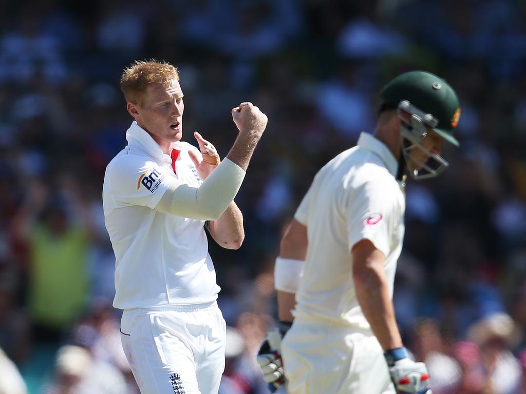 Ben Stokes celebrates dismissing Brad Haddin.