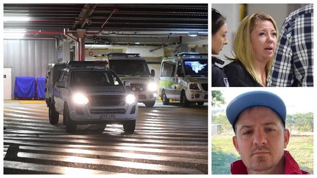 Police at Townsville hospital, following the death of a little girl left in a hot car (Main). Laura Black (top right) and Aaron Hill (bottom right) have both been charged with manslaughter.