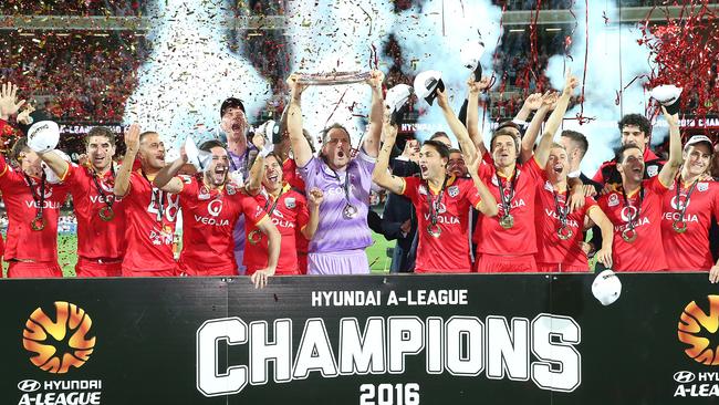 Adelaide United at Adelaide Oval after winning the 2016 grand final. Picture Sarah Reed