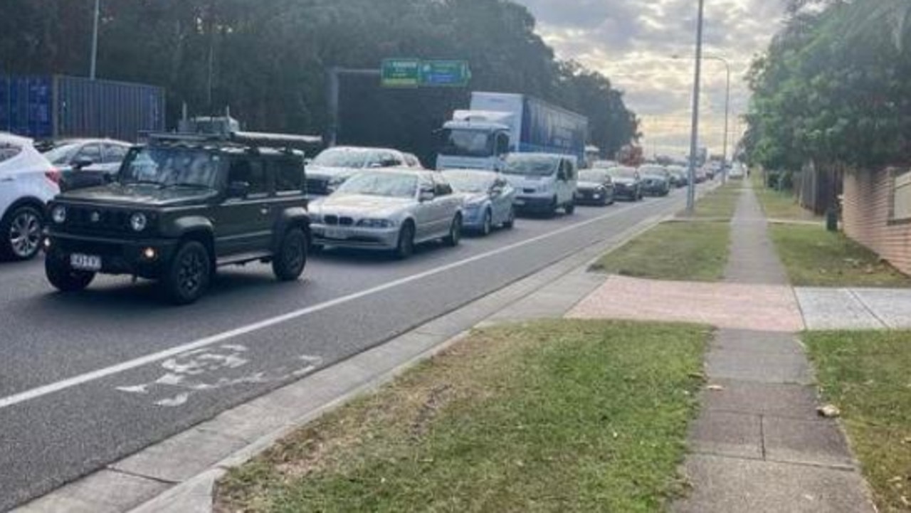 Traffic on Kessels Rd after a crash at Coopers Plains that killed a female pedestrian. Picture: Supplied