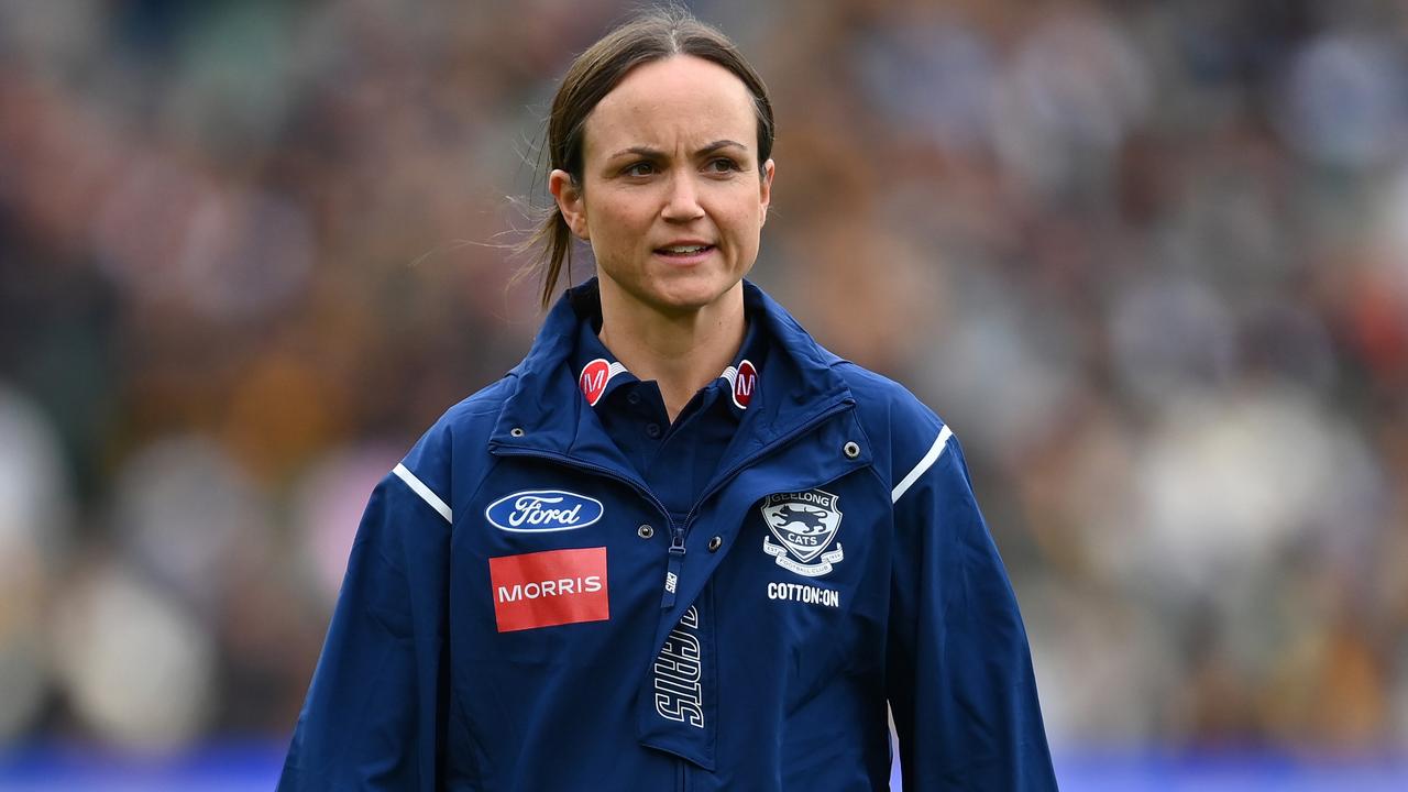 MELBOURNE, AUSTRALIA - APRIL 10: Daisy Pearce the assistant coach of the Cats looks on during the round four AFL match between Geelong Cats and Hawthorn Hawks at Melbourne Cricket Ground, on April 10, 2023, in Melbourne, Australia. (Photo by Quinn Rooney/Getty Images)