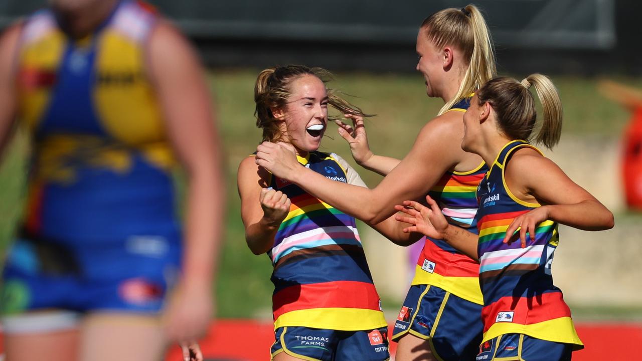 Madison Newman celebrates one of her two goals against the Eagles. Picture: James Worsfold/Getty Images