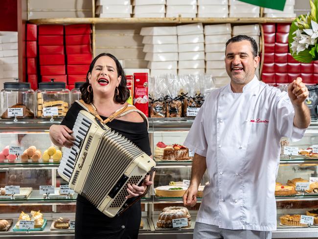 Inner West Courier  / AAPPastry Chef Pino Locantro and Musician Courtney Severini pose for a photo at Locantros Fine Food, Leichhardt on Wednesday, 16 October 2019. Pino Locantro and Courtney Severini (Band Jazz al dente, with father Rob Severini on double bass and Jess Ciampa on drums. Solo musica Italiana , Jazz from the 50Õs and the era of La dolce vita will be performing at this year's Norton Street Italian Festa. (AAP IMAGE / MONIQUE HARMER)