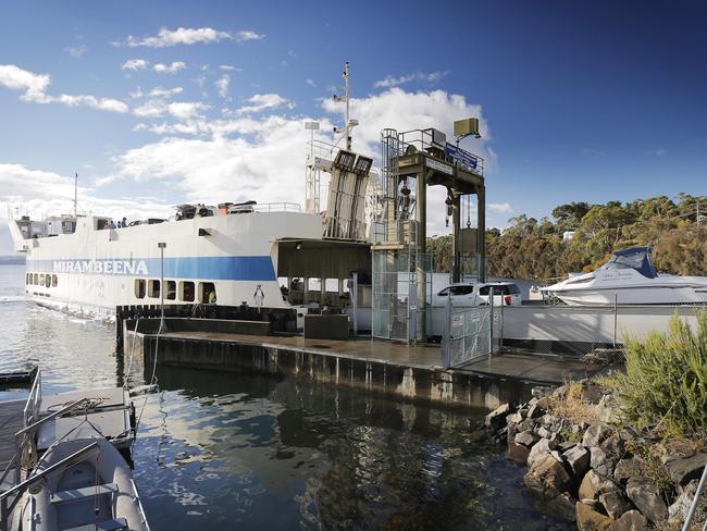 Crews in Kettering loading traffic onto the Mirrabeena, the larger of the two existing Bruny Island ferries, at the start of the Easter holidays. Picture: MATHEW FARRELL