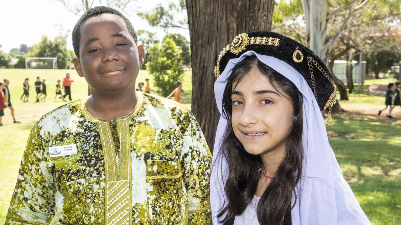 Joshua Tchowe and Raniya Shaibo delivered speeches on Harmony Day at Darling Heights State School assembly.