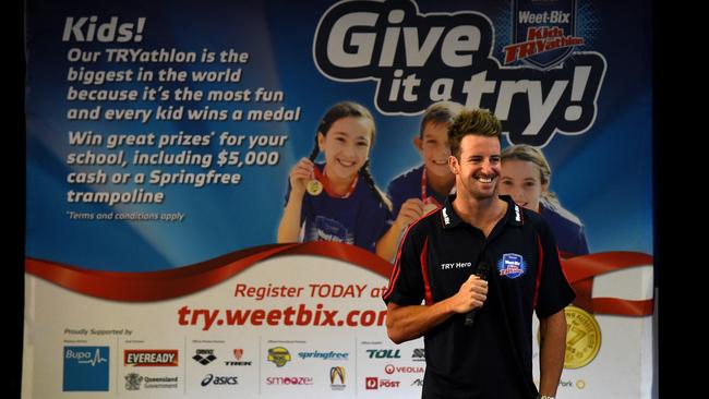 James Magnussen announces that Penrith will host the Sanitarium Weet-Bix Kids TRYathlon. (Carmela Roche)