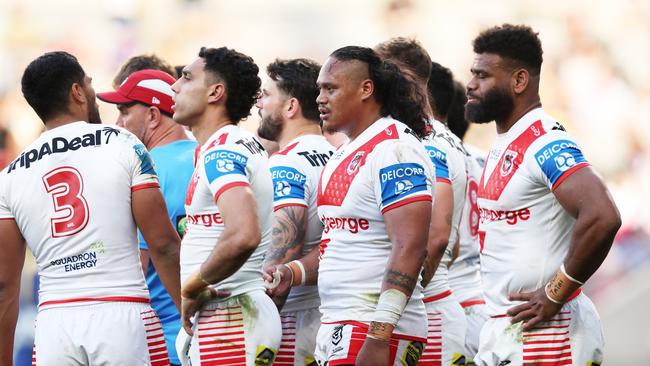 SYDNEY, AUSTRALIA - AUGUST 31:  Luciano Leilua of the Dragons looks dejected after an Eels try during the round 26 NRL match between Parramatta Eels and St George Illawarra Dragons at CommBank Stadium, on August 31, 2024, in Sydney, Australia. (Photo by Matt King/Getty Images)