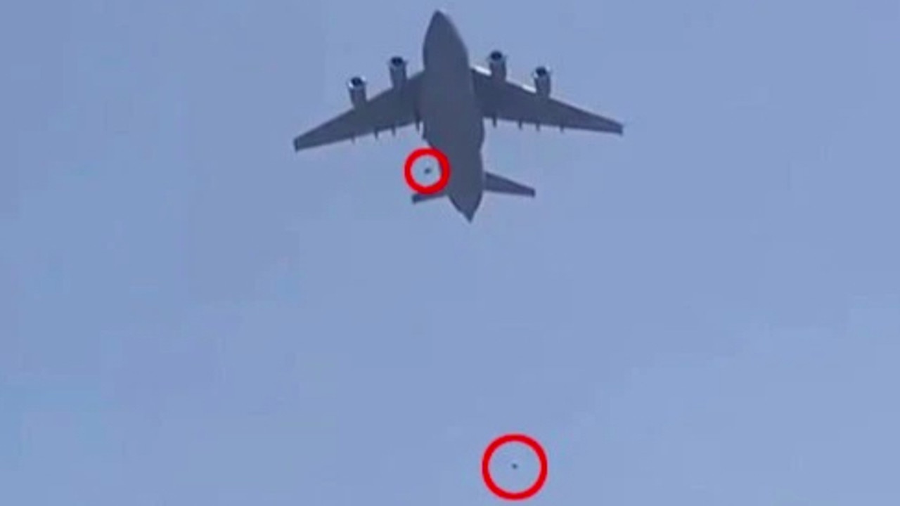 In another video what appears the stowaways falling from a C-17 leaving Kabul. Picture: Supplied