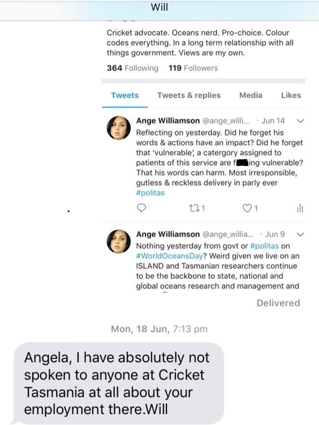 A screen shot of text messages allegedly sent by Premier Will Hodgman to Angela Williamson as part of her unfair dismissal claim against Cricket Australia.