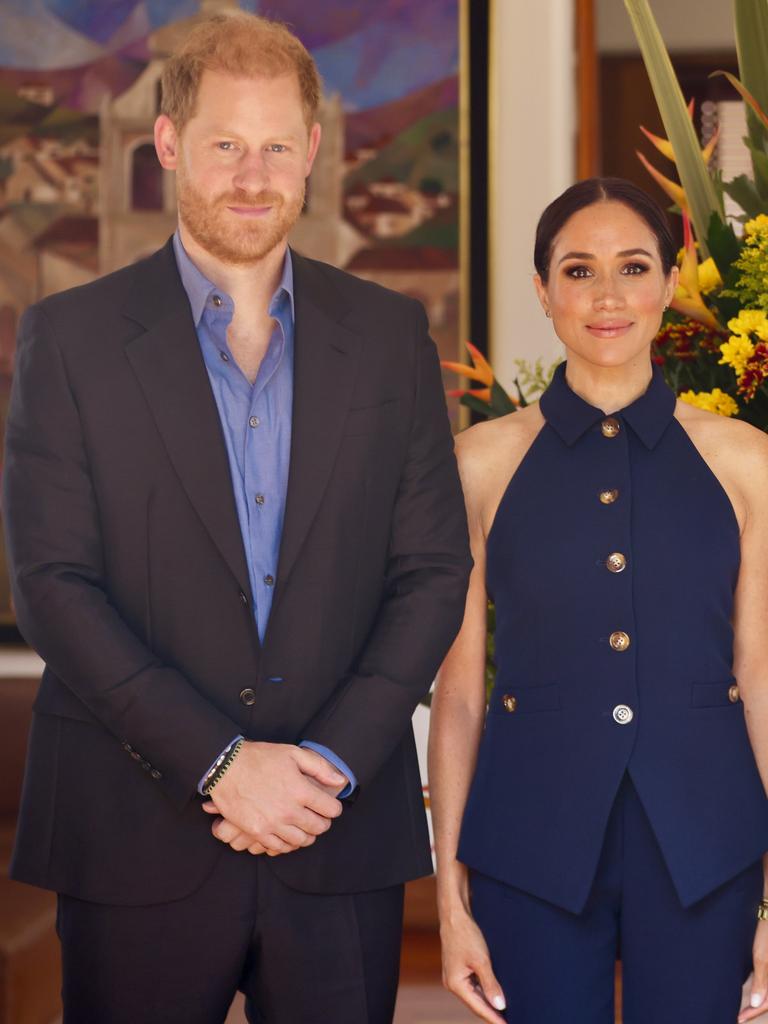 Usually handsy couple Prince Harry and Meghan Markle appear tense as they visit the residence of the Colombian Vice President on August 15 in Colombia. Picture: Colombian Vice President's Office via Getty Images