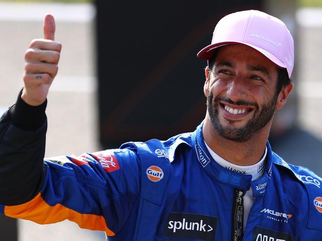 MONZA, ITALY - SEPTEMBER 11: Third place finisher Daniel Ricciardo of Australia and McLaren F1 celebrates in parc ferme during the Sprint ahead of the F1 Grand Prix of Italy at Autodromo di Monza on September 11, 2021 in Monza, Italy. (Photo by Bryn Lennon/Getty Images)