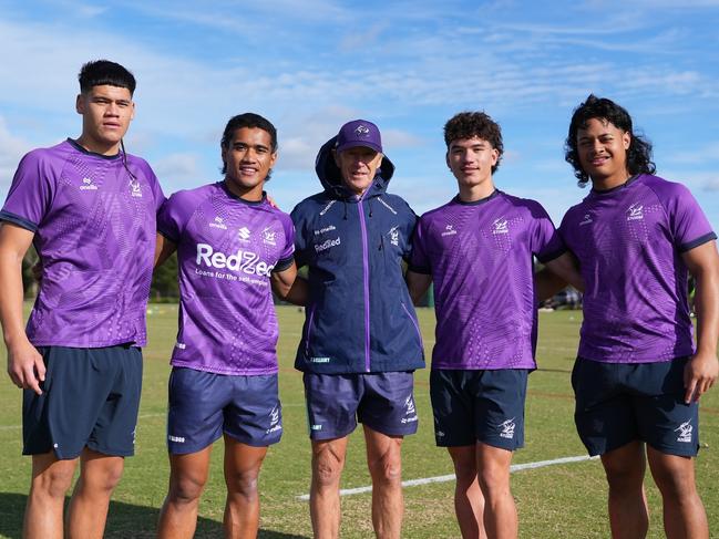 Craig Bellamy with representatives of the four squads. L to R: Josh Berryman, Sua Fa’alogo, Bellamy, Waka Hammond and Josiah Moreli Alama. Picture: Supplied