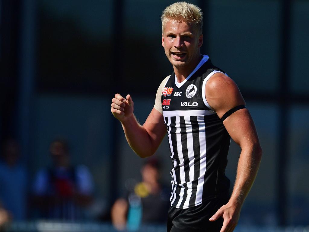 31/03/18 - SANFL: Port Adelaide v Adelaide at Alberton Oval.  Ports Billy Frampton celebrates kicking a goal with team mate Lindsay Thomas.Picture: Tom Huntley