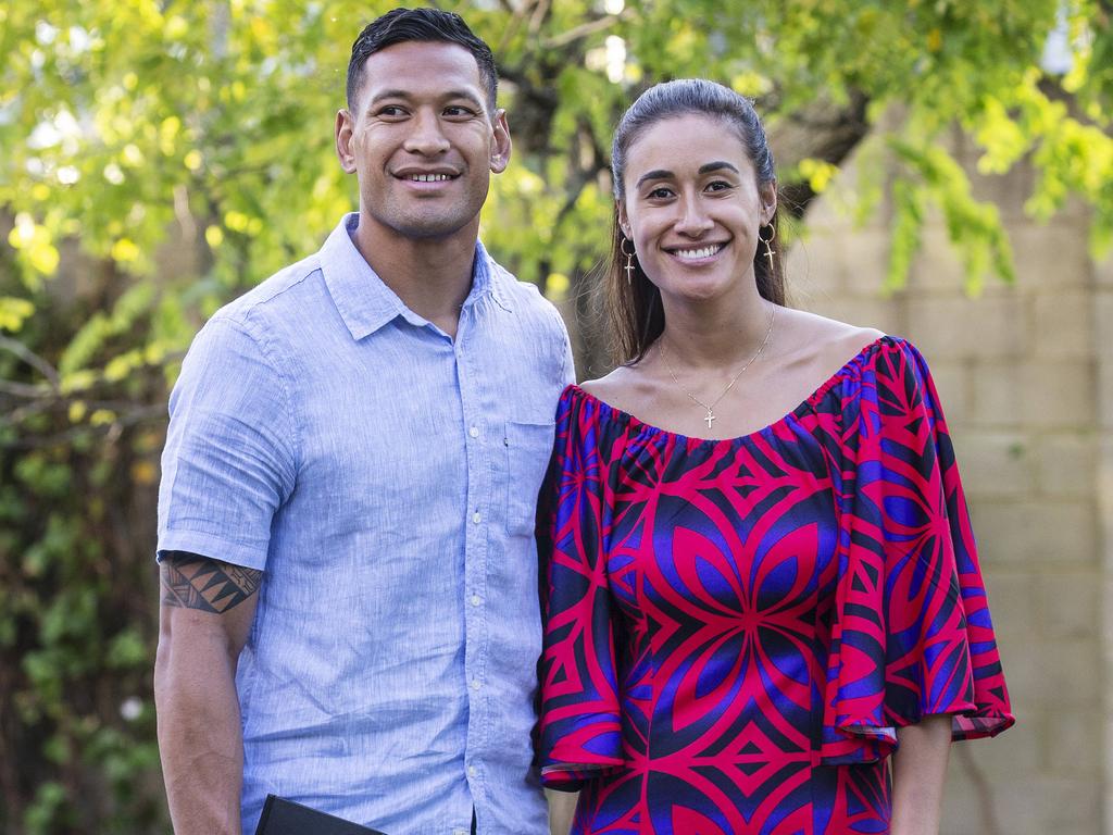 Israel Folau with his wife Maria Folau at Kenthurst Uniting Church after a Sunday service. Hollie Adams/The Australian