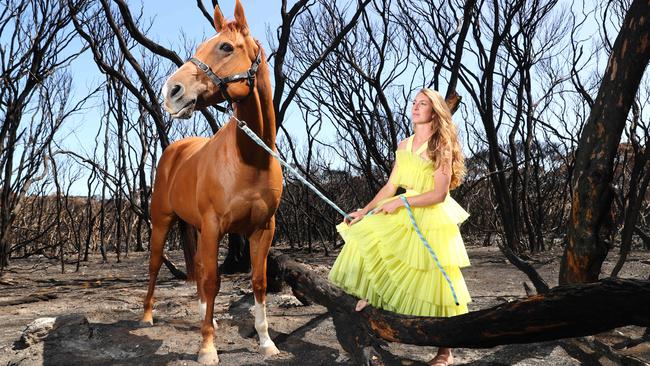 Fashions on the field entrant Olivia Buick-Antonelli, of Kingscote, with “Marmalade”, a lead pony at David Huxtable's Kangaroo Island property. Picture: Tait Schmaal