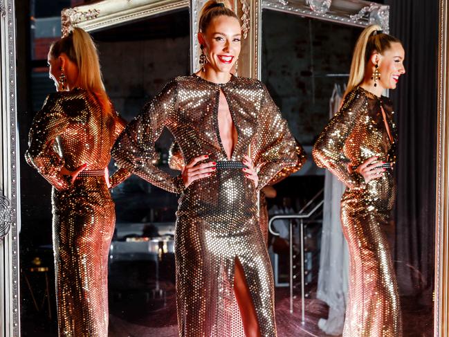 Brooke Cotchin, wife of Richmond captain Trent Cotchin, getting ready for the Brownlow. Brooke wears a Jason Grech dress. Picture: Tim Carrafa