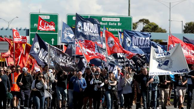 08/12/2017: MUA members arrive as Union members join together with the MUA to protest outside Victoria International Container Terminal in Melbourne. Stuart McEvoy for The Australian.