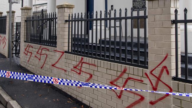 SYDNEY, AUSTRALIA - NewsWire Photos - JANUARY 11, 2025: Anti semitic attack on the Newtown Synagogue, Sydney. Crime scene has been established. Picture: NewsWire / Simon Bullard.