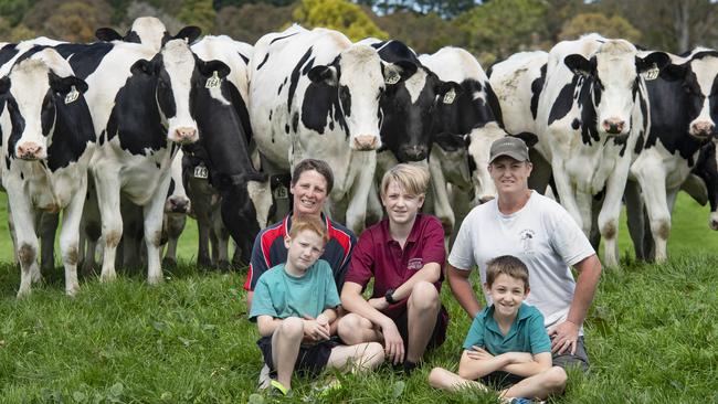 Cody, Kate, Alex, Deb and Blair Bland on their Foster dairy farm in 2021. Picture: Zoe Phillips.