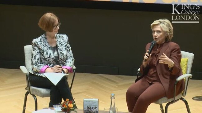 Hillary Clinton and Julia Gillard in London. Picture: YouTube