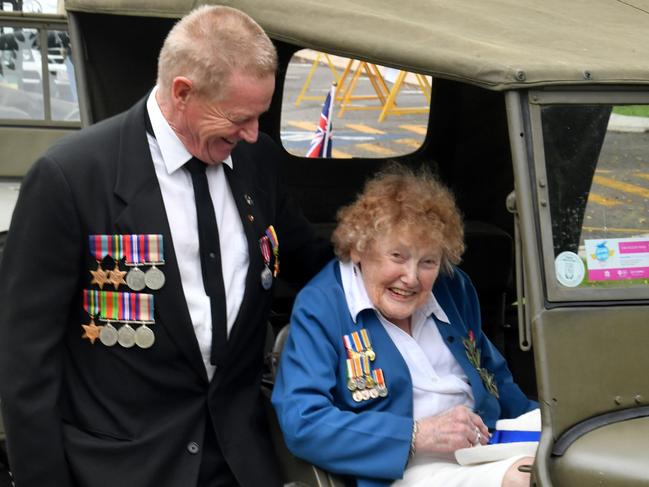 Anzac Day parade on the Strand in Townsville. Navy veteran Andrew Barker with his mother airforce veteran Margaret Barker. Picture: Evan Morgan