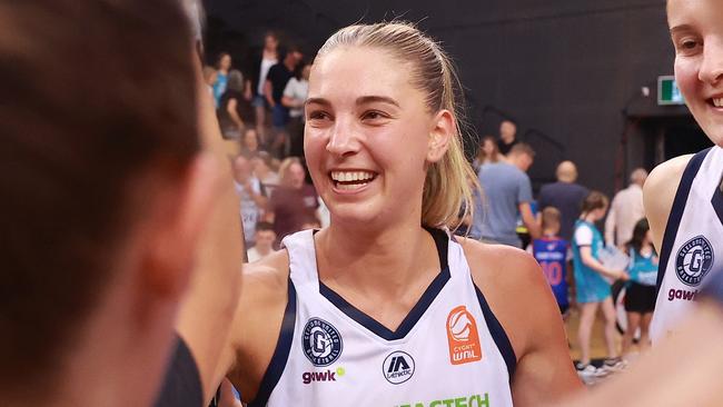 MELBOURNE, AUSTRALIA - JANUARY 08: Jazmin Shelley of Geelong United celebrates the win during the round 11 WNBL match between Southside Flyers and Geelong United at State Basketball Centre, on January 08, 2025, in Melbourne, Australia. (Photo by Kelly Defina/Getty Images)