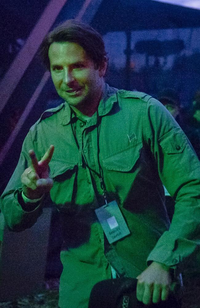 Bradley Cooper arrives to watch Kanye West performing on the Pyramid Stage at the 2015 Glastonbury Festival. Picture: AAP