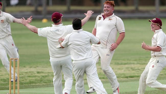 Edinburgh celebrates as it takes the last wicket to defeat Toorak Prahran in last year’s grand final  Picture: David Crosling