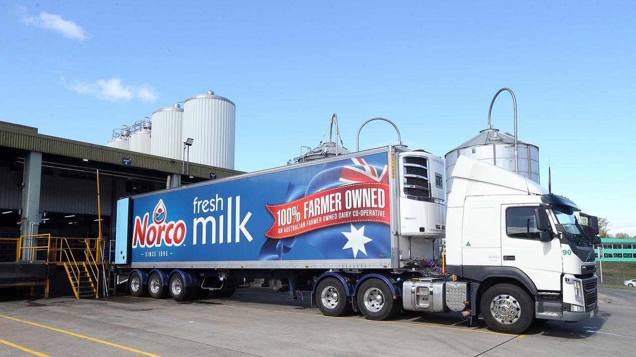 A Norco truck idles outside the co-operative’s Queensland milk processing facility. Picture: Richard Gosling