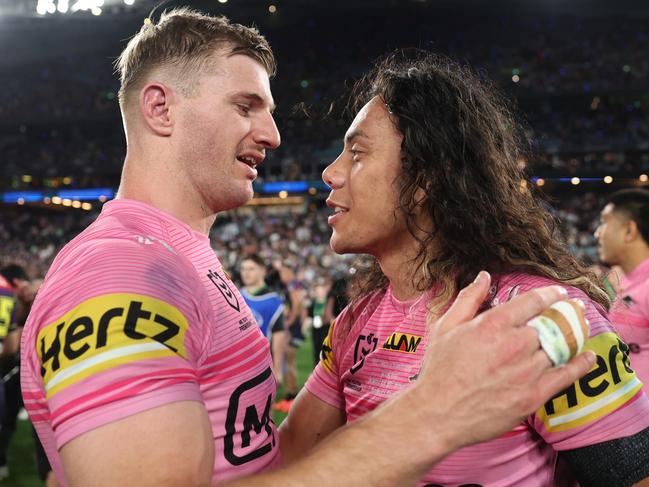 Jarome Luai (R) farewelled the Panthers with a title. Picture: Cameron Spencer/Getty Images