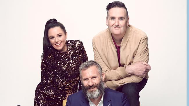 Myf Warhurst, Adam Hills and Alan Brough are reuniting for a special episode of Spicks and Specks for Aus Music Month. Picture: Supplied/ABC-TV