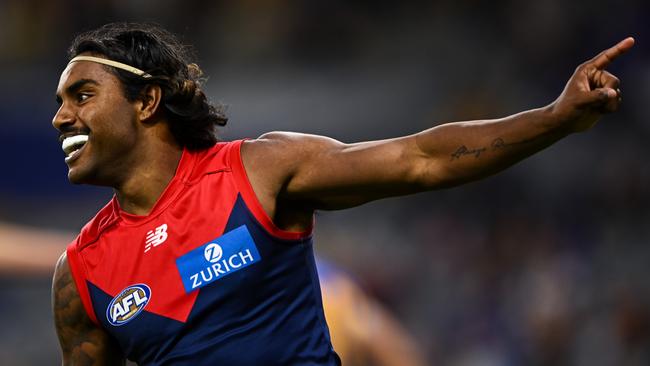 PERTH, AUSTRALIA - MAY 15: Kysaiah Pickett of the Demons celebrates a goal during the 2022 AFL Round 09 match between the West Coast Eagles and the Melbourne Demons at Optus Stadium on May 15, 2022 in Perth, Australia. (Photo by Daniel Carson/AFL Photos via Getty Images)