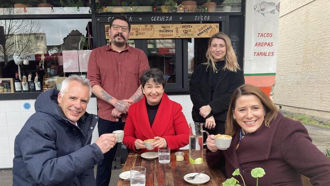 Committee for Ballarat chief executive Michael Poulton, Wendouree state Labor MP Juliana Addison and Buninyong state Labor MP Michaela Settle with Pancho Latino owners Jose Fernandez and Simone Baur-Schmid.