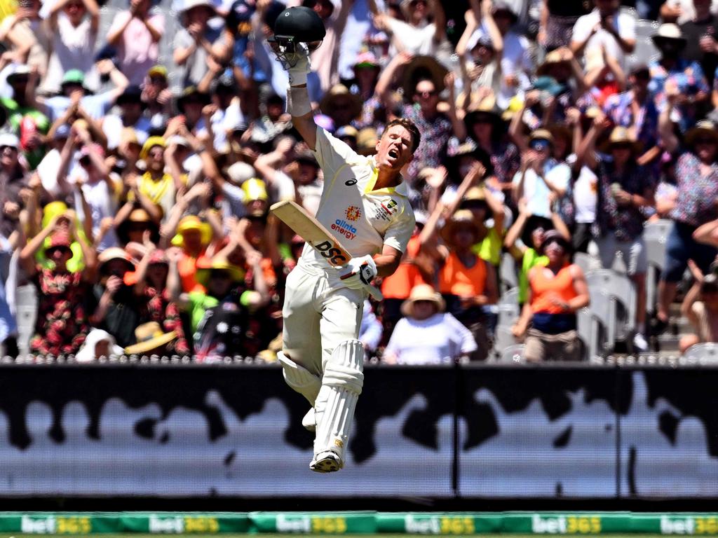 Australian batsman David Warner celebrates scoring his century.  Image: William West
