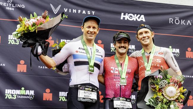 Winners on the podium at the Ironman 70.3 Tasmania in Hobart on Sunday 4th February 2024. L-R Mitch Kibby 2nd, Nick Thompson 1st, and Cam Wurf third. Picture: Linda Higginson