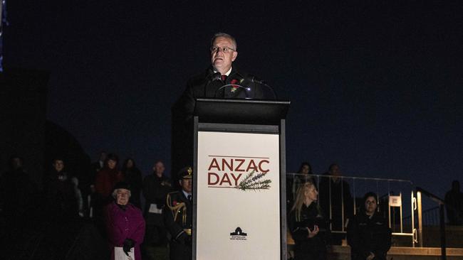 Prime Minister Scott Morrison addresses the Dawn service at the Australian War Memorial in Canberra. Picture: NCA NewsWire / Gary Ramage