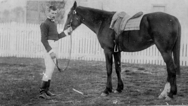 Albert Dahlke with his horse Boadicea, on which he beat Patrick Kenniff in a horse race. Picture: Queensland Police Museum.