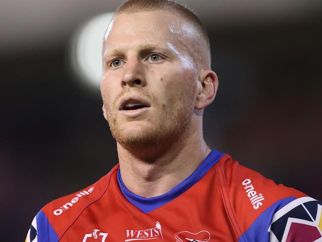 NEWCASTLE, AUSTRALIA - APRIL 16: Mitch Barnett of the Knights looks on during the round six NRL match between the Newcastle Knights and the Cronulla Sharks at McDonald Jones Stadium, on April 16, 2021, in Newcastle, Australia. (Photo by Ashley Feder/Getty Images)