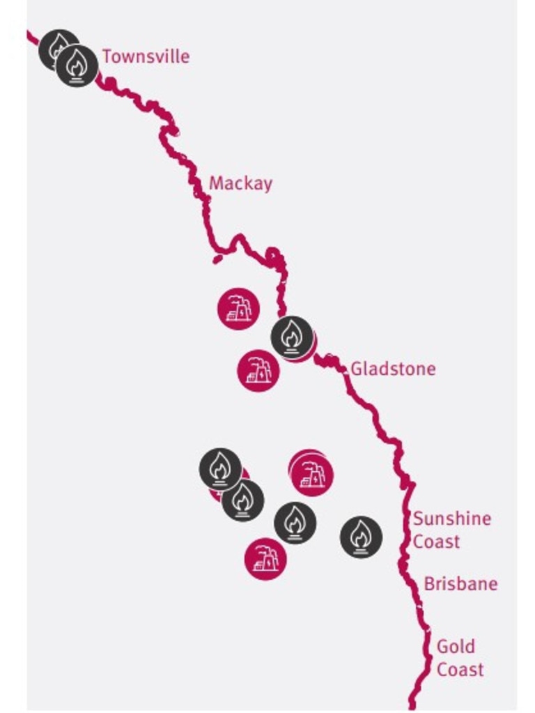 Locations of coal-fired and gas-powered generators across Queensland. Picture: Queensland SuperGrid Infrastructure Blueprint