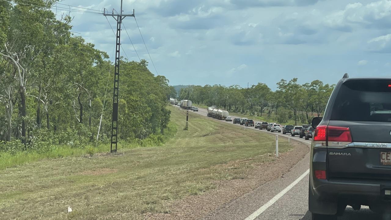 Traffic was backed up around the area of a serious two-vehicle crash in Coomalie Creek. Picture: Glenn Campbell